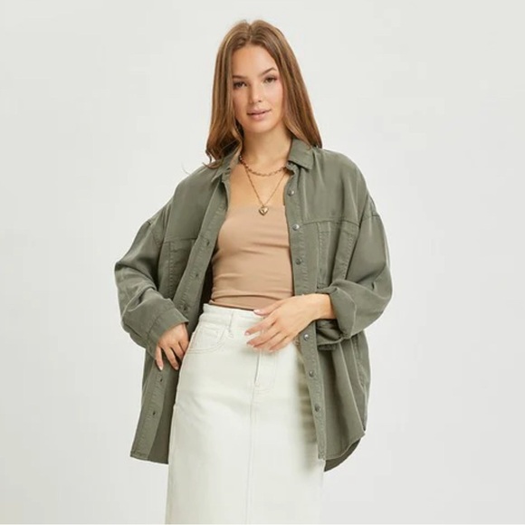 Risen Los Angeles Olive Green Oversized Tencel Shirt Womens 2XL Button Up Blouse - Picture 9 of 10
